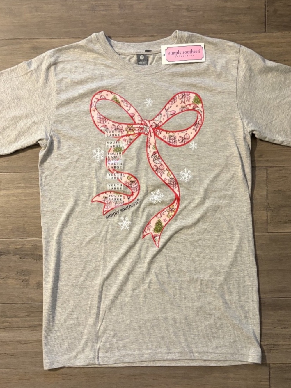 NWT Simply Southern Youth Large Holiday Shirt Gray Pink Bow Snowflake Christmas